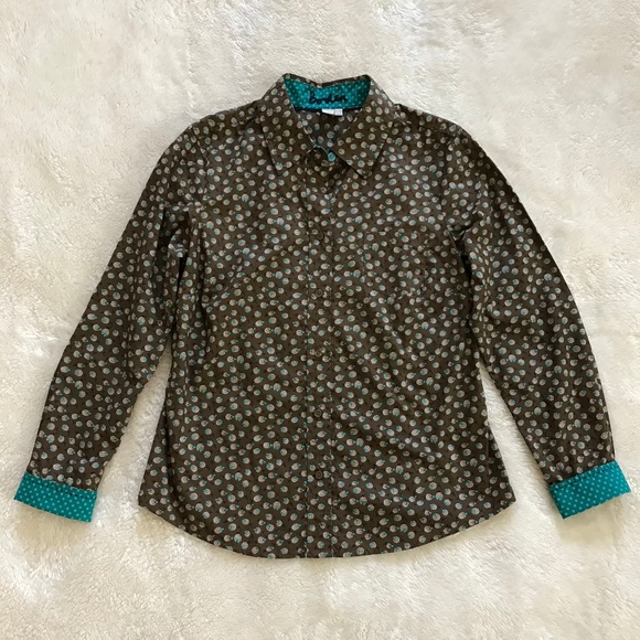 Boden Tops - Boden Floral Button Down Shirt Brown Teal Cuffs 6P